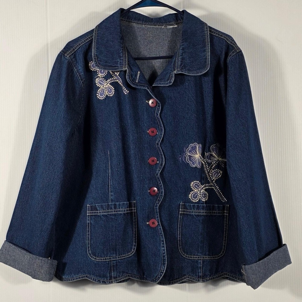 Vintage Style Dark Wash Floral Embroidered Scalloped Denim Jacket Blue Large